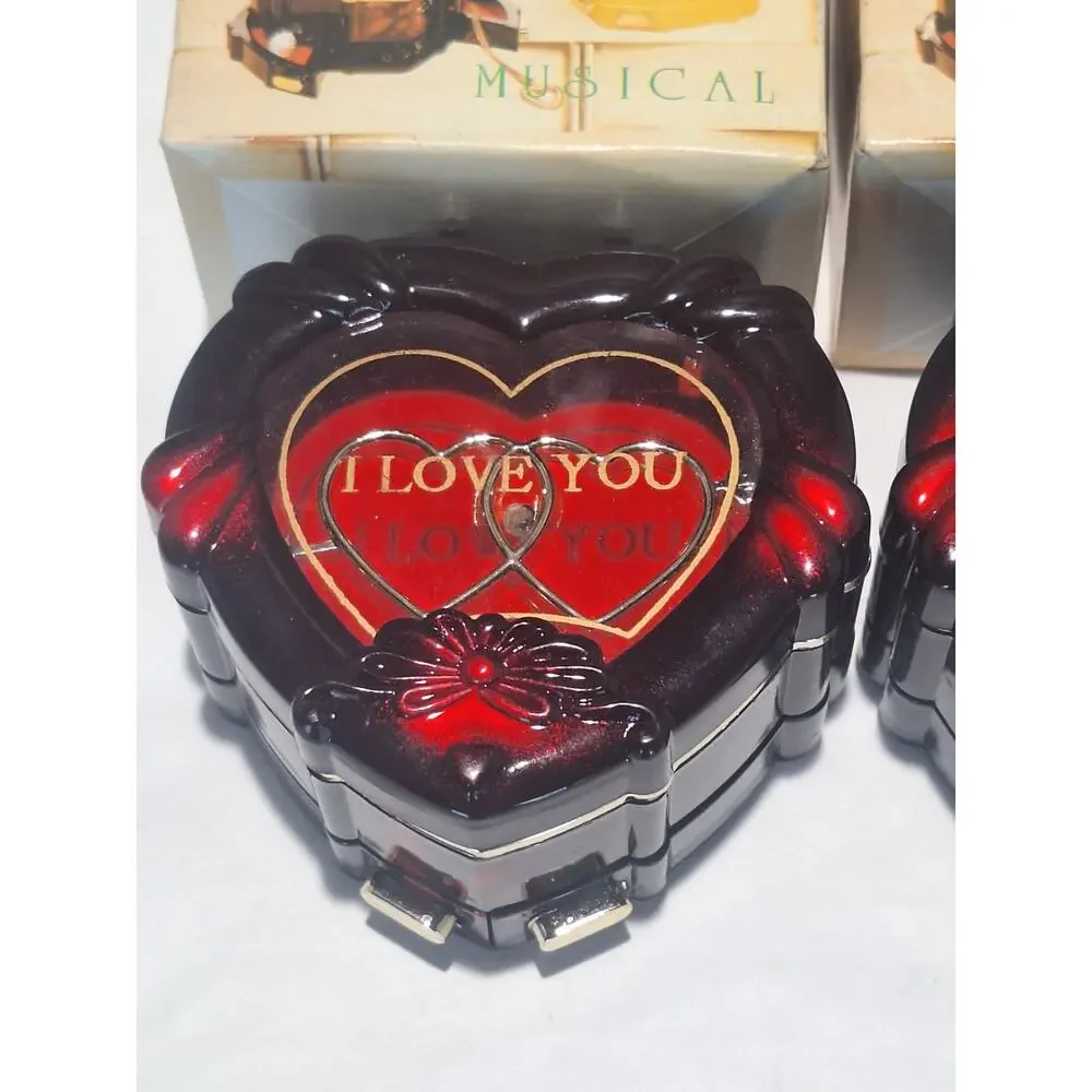 Lot of 2 Musical Heart Jewelry Boxes I Love You Ring Holder w/ Original Boxes